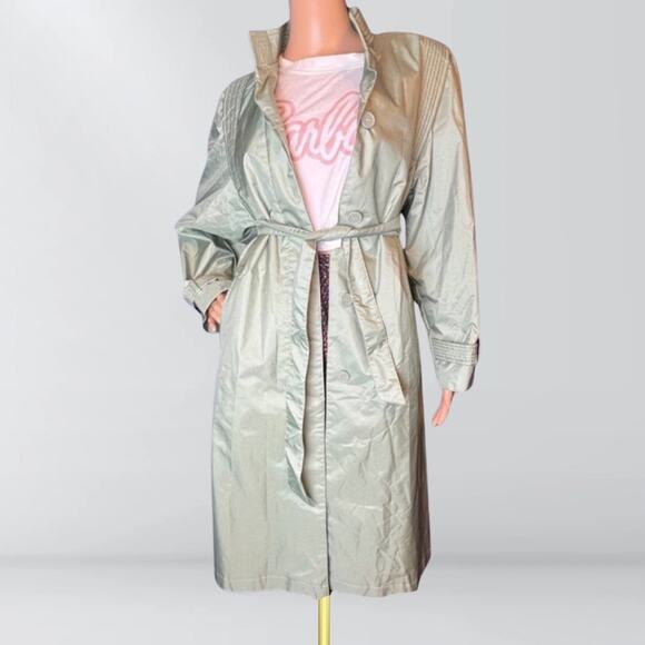 Vintage 1980s Fleetstreet Sage Green Ribbed Panel Futuristic Style Trench Coat - Picture 2 of 5